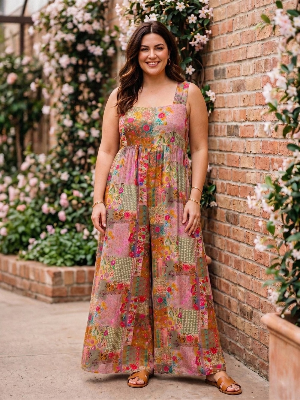 Colorful Floral Patchwork Print Plus Size Wide Leg Jumpsuit Sleeveless Size 4XL